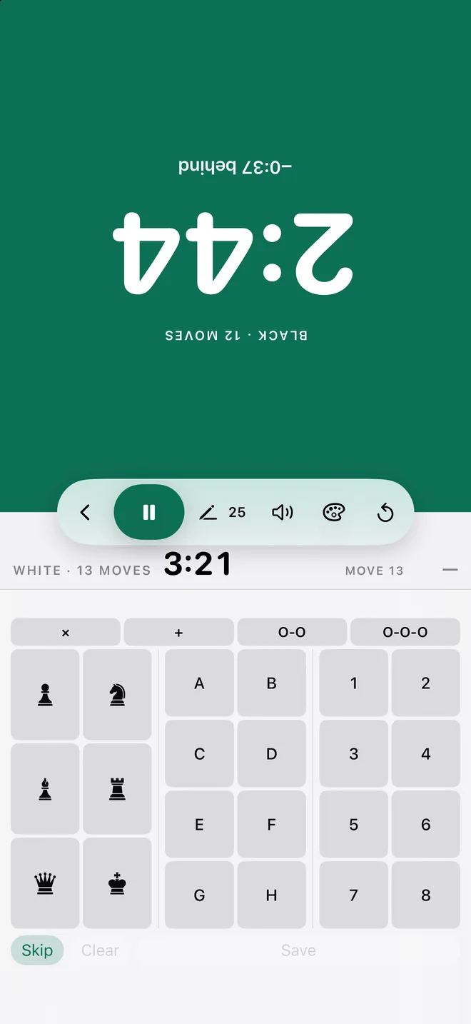 A keypad of pieces, files and ranks on the side of the player who just moved.