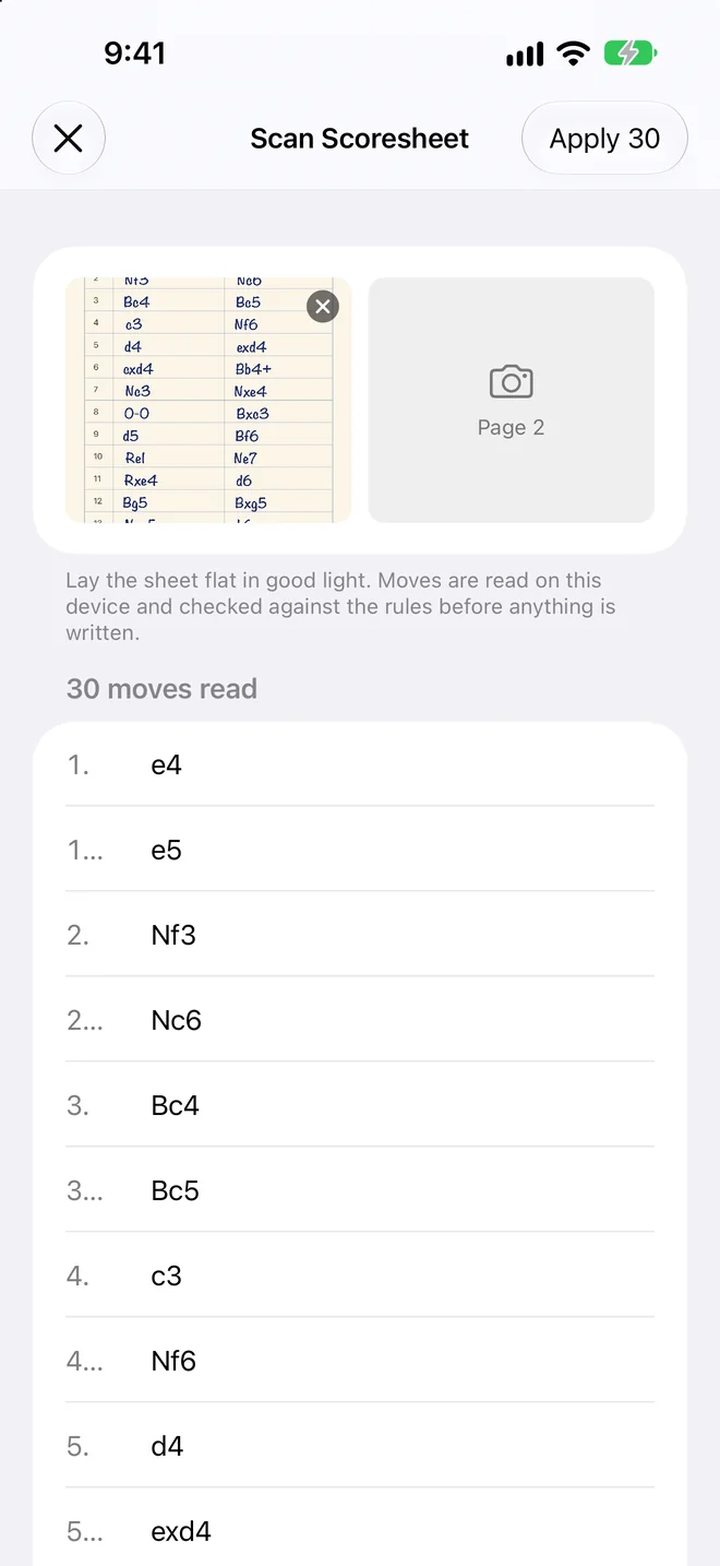 Scanning a paper scoresheet: a photo of the sheet, and the 30 moves read from it.