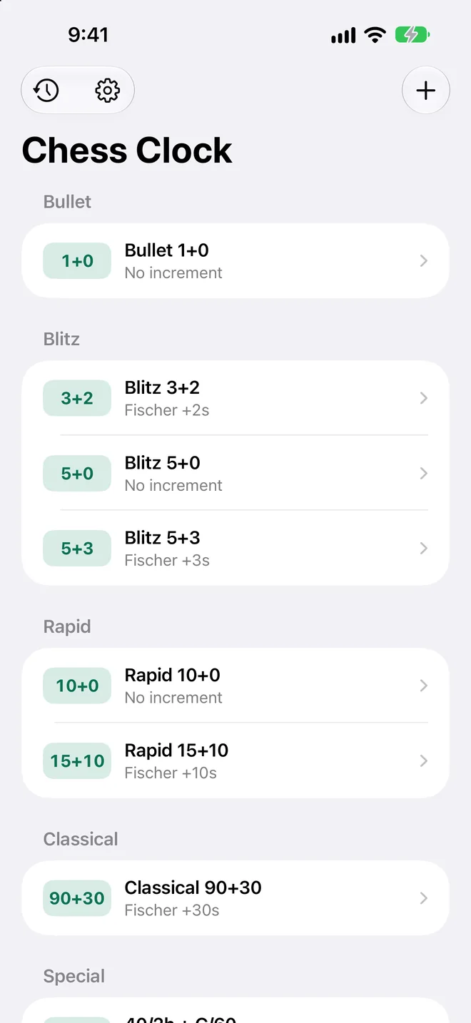 The list of time controls: Bullet 1+0, Blitz 3+2, 5+0 and 5+3, Rapid 10+0 and 15+10, Classical 90+30.